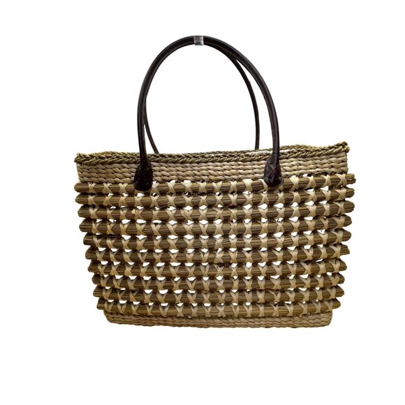 Braided Straw Women’s Beige Tote Bag With Dark Brown Handles Open Weave Style - Picture 3 of 11